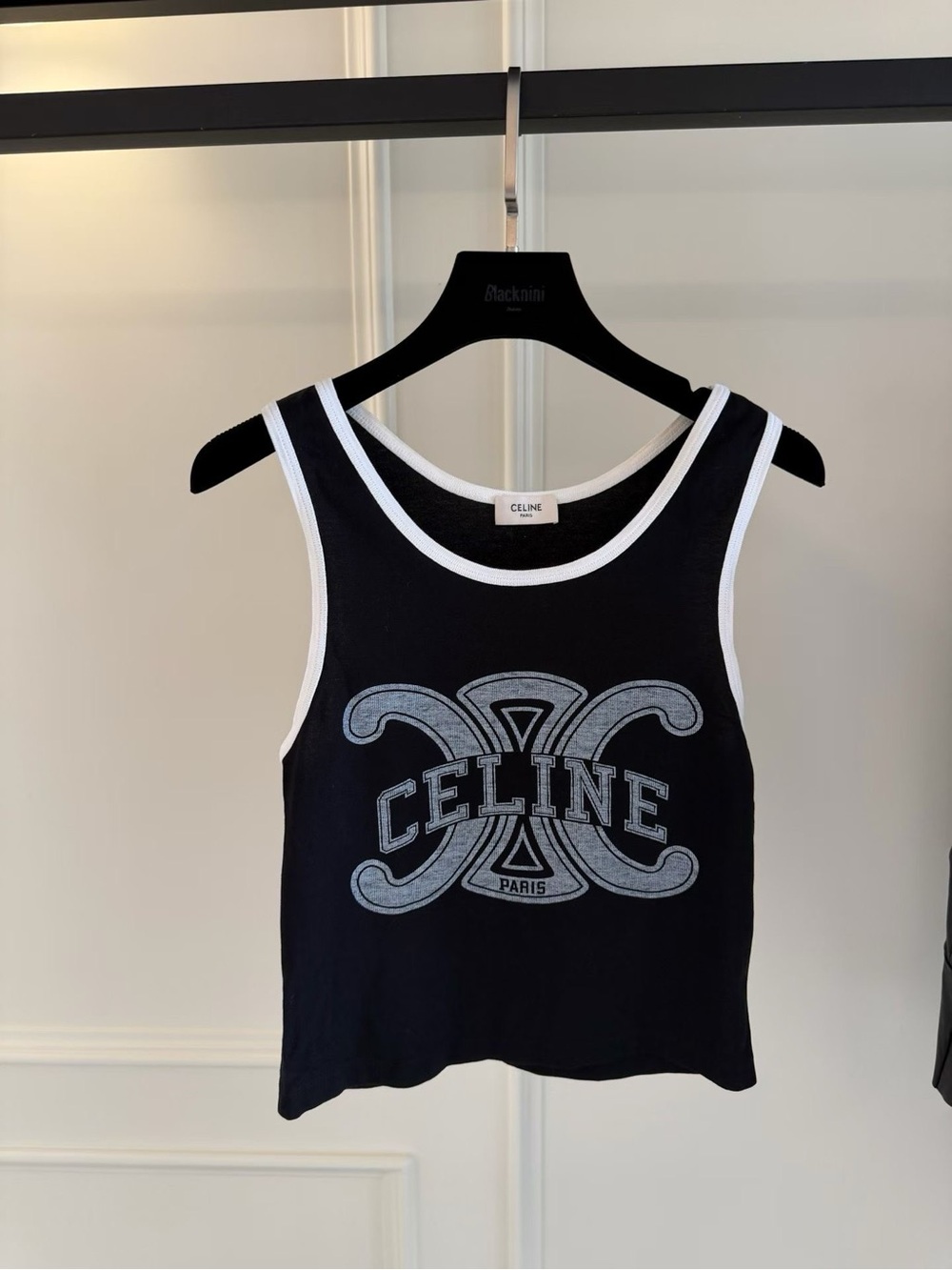 Celine Black Logo Tank Top with White Trim